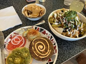   Kids nachos (enjoyed), nacho supreme jr. (big portion), El Paso burger with quinoa patty (hit the spot)  at Spiral Diner & Bakery in Fort Worth