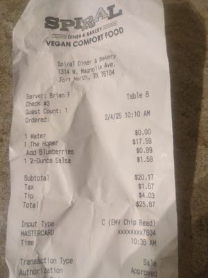 Pricey, they didn't tell me that salsa and blueberries were extra. Not that it would have changed my order at Spiral Diner & Bakery in Fort Worth