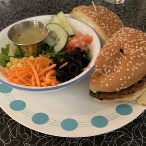 Ghost burger with side salad at Spiral Diner & Bakery in Fort Worth