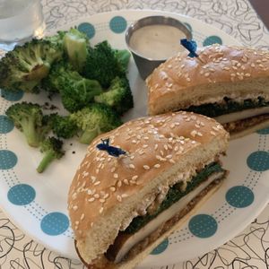 Ghost Burger with portobello cap and side of grilled broccoli  at Spiral Diner & Bakery in Fort Worth
