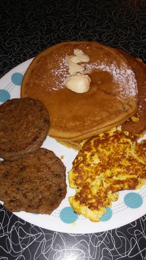 Pancakes, Eggs, and sausage at Spiral Diner & Bakery in Fort Worth