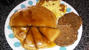 Pancakes, Eggs, and sausage at Spiral Diner & Bakery in Fort Worth