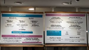 Menu with plant based items, plant leaf at La Casita Pupuseria in Washington
