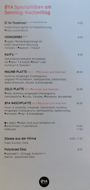Afternoon food options, clearly labelled at ØYA Bar Kafé Klub in St Gallen