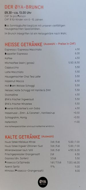 Brunch and drinks offering at ØYA Bar Kafé Klub in St Gallen