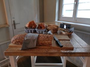 crispbread and bread in the front are vegan (not the croissants and pita-polarbread) at ØYA Bar Kafé Klub in St Gallen