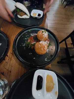 Arancini with cashew mozzarella center - 2 for $5 during happy hour  at Fancy Plants Kitchen in Chicago