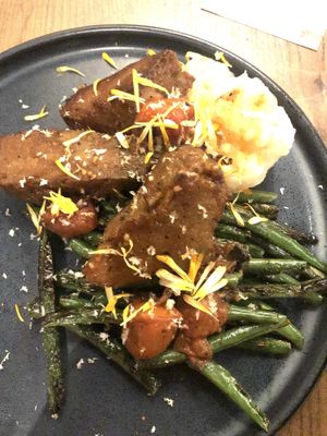 Seared Seitan Steak- with charred green beans, horseradish mashed potatoes-OMG, so good!   at Fancy Plants Kitchen in Chicago