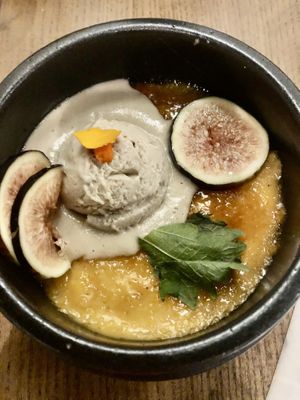 Pumpkin Crème Brûlée with Figs injected with cognac! Yummm!   at Fancy Plants Kitchen in Chicago