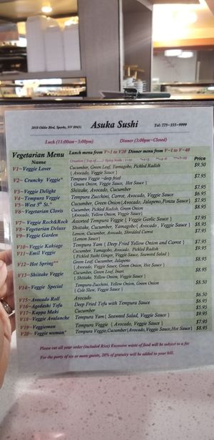 The FRONT of their all vegan menu. at Asuka Sushi in Sparks