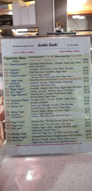 The BACK of their all vegan menu at Asuka Sushi in Sparks