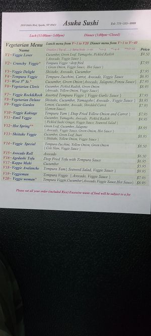 Full vegetarian menu.
Home make vegetarian sauce.  at Asuka Sushi in Sparks