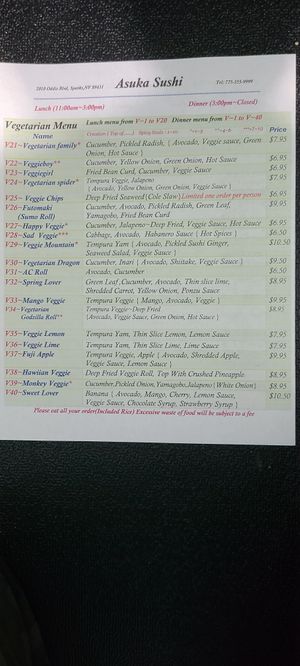 Full vegetarian menu.
Home make vegetarian sauce.  at Asuka Sushi in Sparks