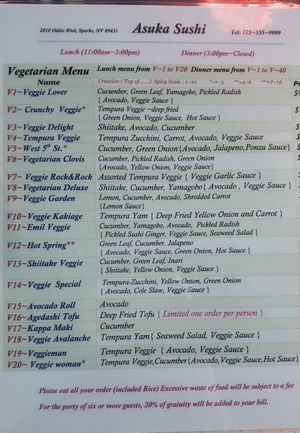 Vegan menu at Asuka Sushi in Sparks