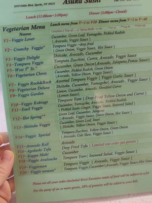 Menu. Lunch rolls are 1-20. Dinner is 21-40. You can pay the dinner price of you want all the rolls at lunch time. at Asuka Sushi in Sparks