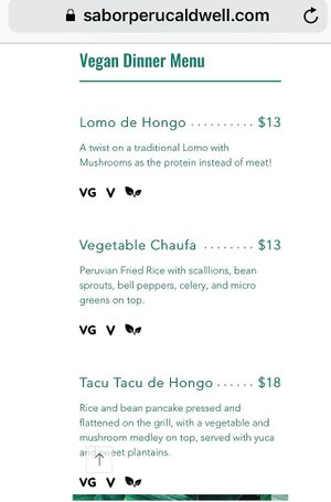 Vegan Dinner Menu at Sabor Peru in Caldwell