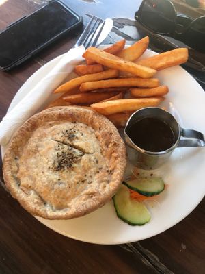 Gluten free curry pie & chips at Shali's Cafe in Montville