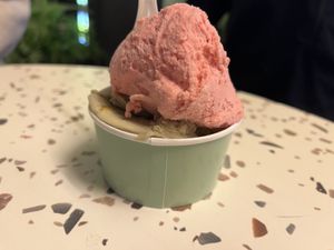 Pistachio and strawberry vegan gelato  at La Gelatiera - OXO Tower in South East London