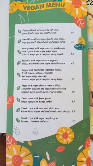 Vegan menu at Chocolat Cafe Creperie in Naxos
