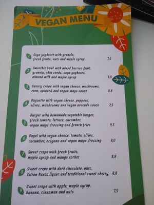 Vegan menu at Chocolat Cafe Creperie in Naxos