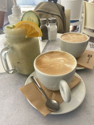 Cappuccinos and a smoothie with soy yoghurt   at Chocolat Cafe Creperie in Naxos