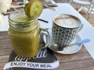 #6 juice, and a soy flat white coffee  at Chocolat Cafe Creperie in Naxos