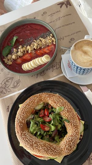 Smoothie Bowl, Cappuccino and Bagel  at Chocolat Cafe Creperie in Naxos