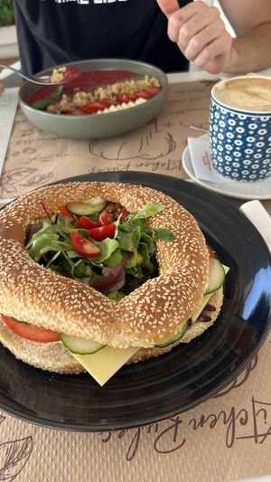 Bagel with vegan cheese   at Chocolat Cafe Creperie in Naxos