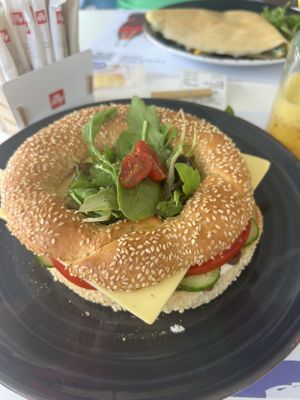 Bagel sandwhich  at Chocolat Cafe Creperie in Naxos