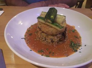 Galette champignons haricots rouges noisettes, sauce tomate-pruneaux, rosti aux echalottes  at Les Amants du Marche in Pau