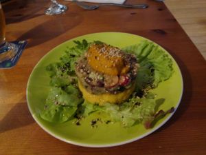 Polenta with vegetables and pumpkin cream at Les Amants du Marche in Pau