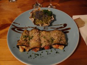 Rolled eggplants with vegetables and barley risotto at Les Amants du Marche in Pau