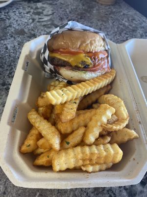 Burger and fries 10/10 😩 The fries were so bomb 🤤 My friend usually doesn’t eat much but she ate the whole burger!!   at Nanas Kitchen in Chandler