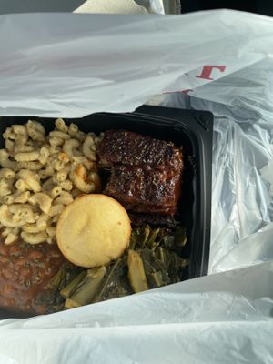 Soul food platter with vegan bbq ribs  at Nanas Kitchen in Chandler