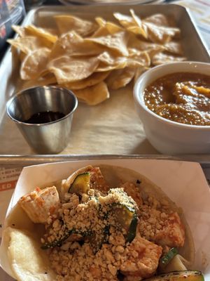 Weird tofu taco with cucumbers, peanuts, and chips and salsa served hott  at Wild Goose Tavern in Costa Mesa