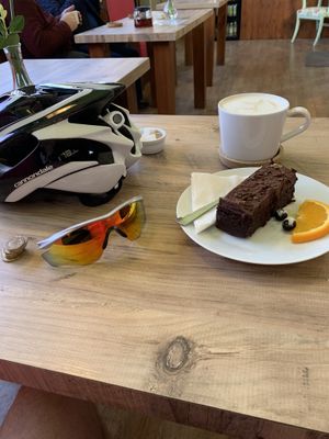 Chocolate cake and soya latte  at The Jackfruit Coffee Shop in Saundby