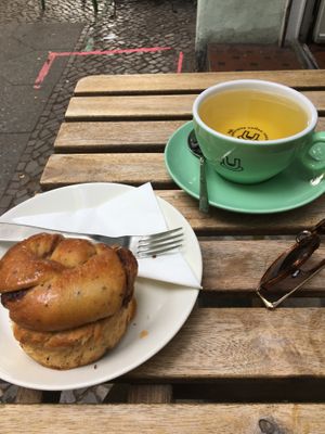Vegan cardamom bun and lemon verbena tea  at Populus Coffee in Berlin