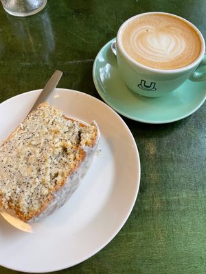 Lemon Poppy Seed Loaf, Oat Milk Cappuccino at Populus Coffee in Berlin