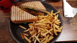 Vegan grilled cheese with skinny fries at Hungry Bear in Gorey