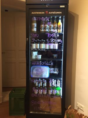 Fridge with drinks and fermented goods  at Herbie Unverpackt in Berlin
