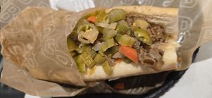 Spicy VEGAN beef sandwich vegan cheese at Buona in Chicago