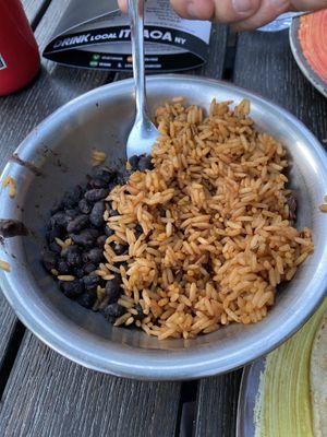Rice and beans that I chose to come with my tacos at Luna Inspired Street Food in Ithaca