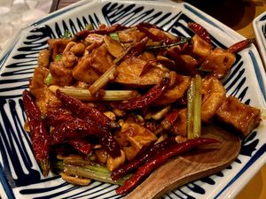 Kung Pao tofu cubes stir fried with chilli and peanuts  at Chili Fagara 麻辣燙" in Hong Kong Island