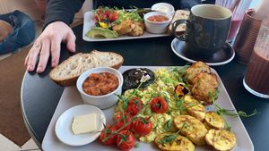 Absolutely stunning breakfast featuring African beans, plantain, homemade hash browns, scrambled tofu, sourdough bread, vegan butter, mushroom and cherry tomatoes !   #Veganuary at Nourish Plant Kitchen in Harrogate