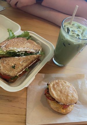 pestrami sandwich(top), breakfast sandwich w homemade biscuit (bottom), and matcha  at Karma Cream in Gainesville