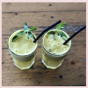 freshly juiced orange, apple and mint  at Cafe Matityahu in Hod Hasharon