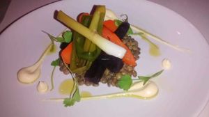 Puy lentils with roasted carrot, spring onion, and garlic tofu at 1847 in Manchester