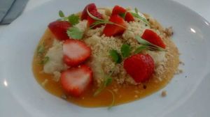 Strawberries, almond cream, apricot and thyme soup, sea salt streusel at 1847 in Manchester