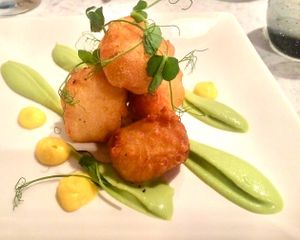 Breaded Hallumi & peas, with a side if chips/wedges. The Vegetarian version of 'Fish, chips, mushy peas' at 1847 in Manchester
