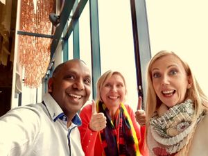 My happy Omnivore friends eating in their 1st Vegetarian/Vegan only restaurant!  at 1847 in Manchester